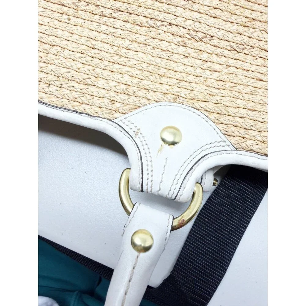 Coach Bleeker Natural Straw Woven Tote Handbag Floral‎ Detail Leather Trim Beige